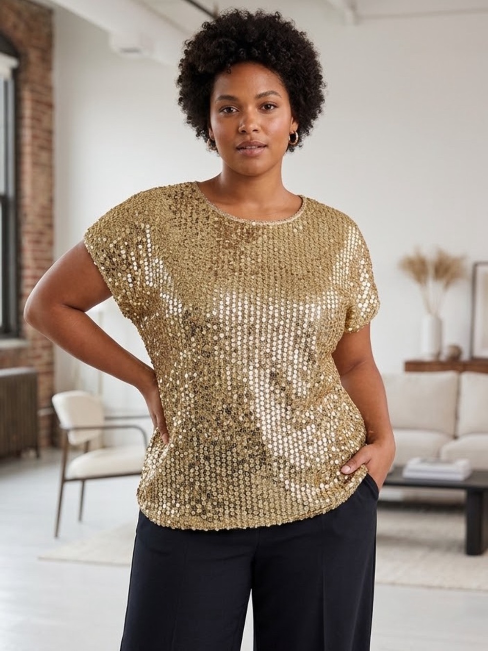 Anthony Mark Hankins Gold Sequin Knit Round Neck Pullover Cap Sleeve Blouse 18